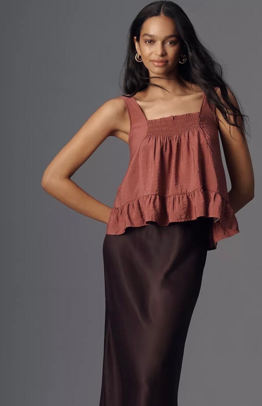 Anthropologie Maeve Smocked Ruffle-Hem Swing Tank Top, Large